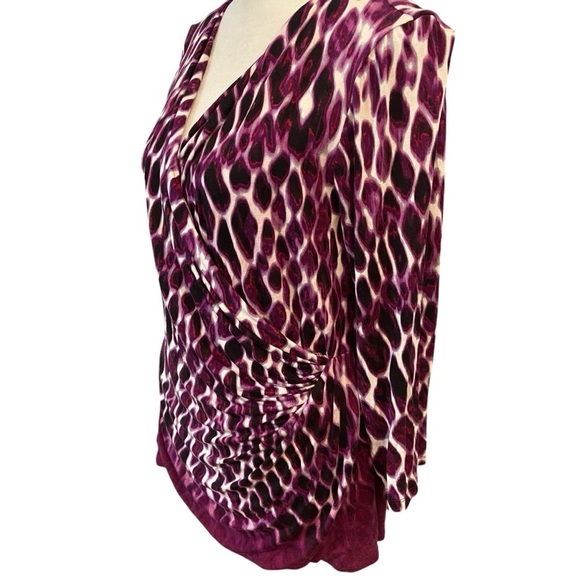 Calvin Klein Women's Mock Wrap Top Blouse Size L Purple Design Stretch Body con - Picture 4 of 10